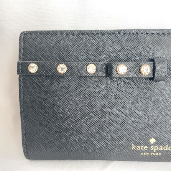 Kate Spade Bifold Rhinestone Bow Black Leather Wallet Snap Button Zip - Picture 5 of 13
